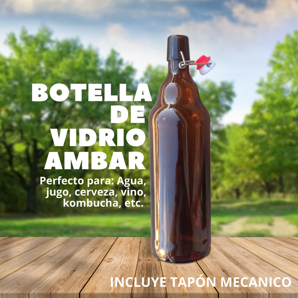 12 Botellas De Vidrio ambar + Tapón Mecánico 1000ml