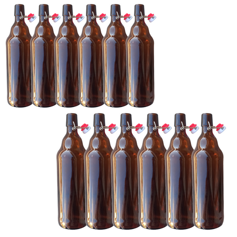 12 Botellas De Vidrio ambar + Tapón Mecánico 1000ml