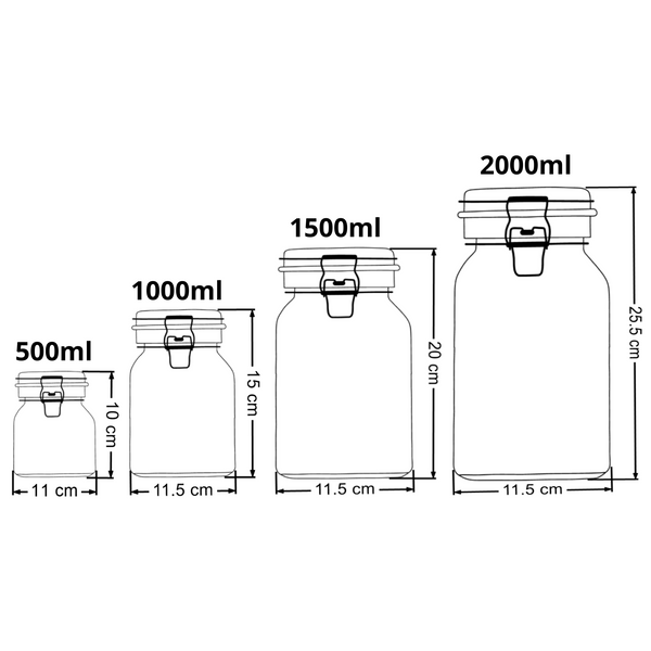 Tarro Hermetico tapa Frasco Vidrio 500-1500ml pack Mayoreo