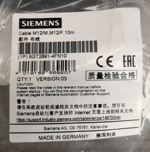 Cable de Conexión SIEMENS 6GT2891-AFN10 M12/M,M12/F 10m