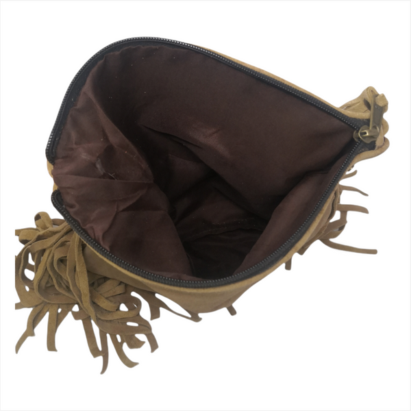 Bolso Dama artesanal flequillos café gamuza 25x28cm