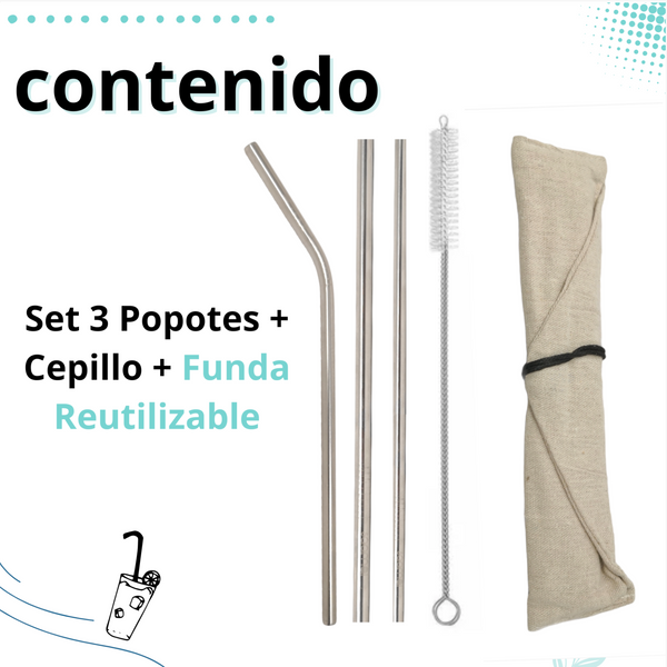 Set 3 Popotes + Cepillo + Funda Reutilizables Metalicos Ecologico
