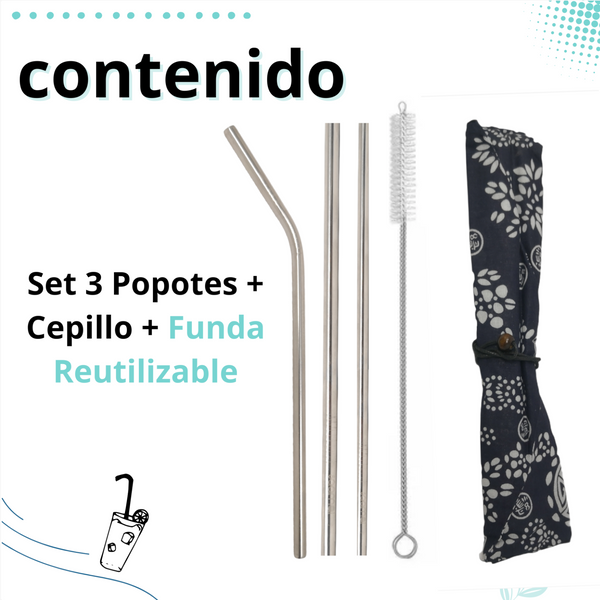 Set 3 Popotes + Cepillo + Funda Reutilizables Metalicos Ecologico