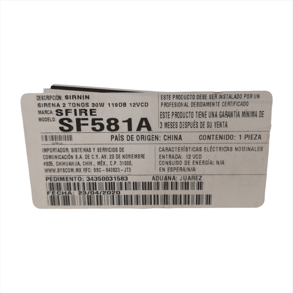 Sirena de 2 tonos 30 watts sonido 118 db SF-581A