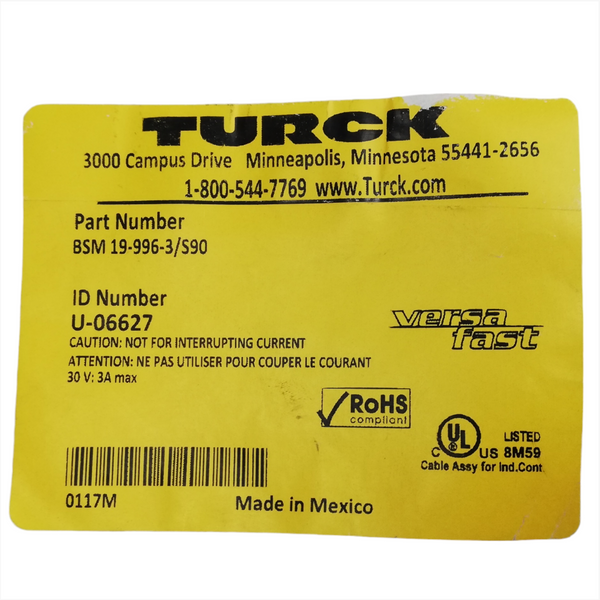 Cable Alimentacion TURCK BSM 19-996-3/S90 U-06627