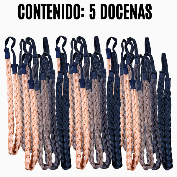 Pack 5 Docenas Diademas De Cabello Trenza Sintética Resorte Mayoristas