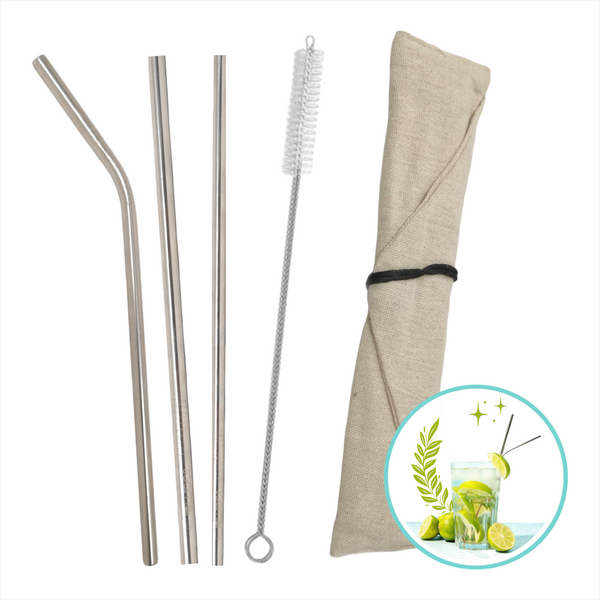 Set 3 Popotes + Cepillo + Funda Reutilizables Metalicos Ecologico