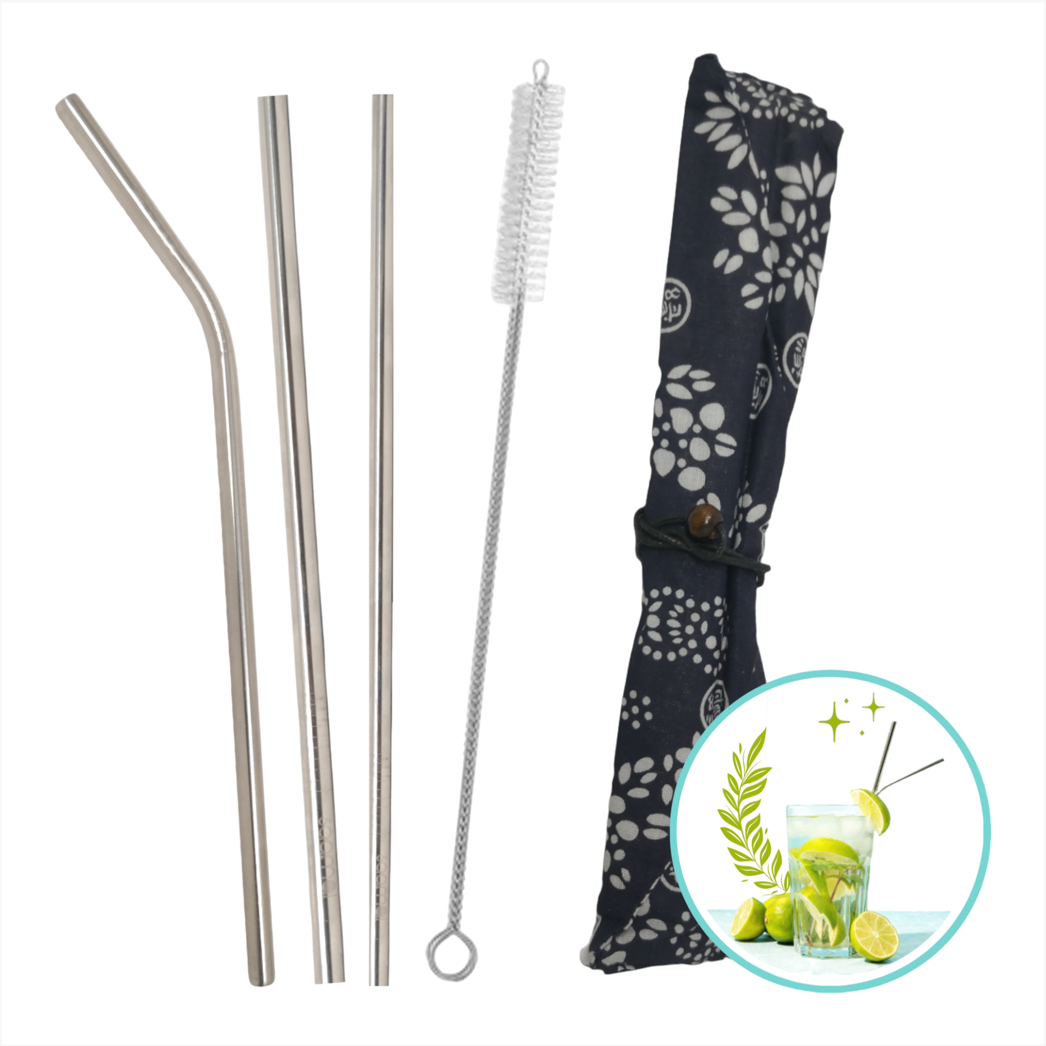Set 3 Popotes + Cepillo + Funda Reutilizables Metalicos Ecologico