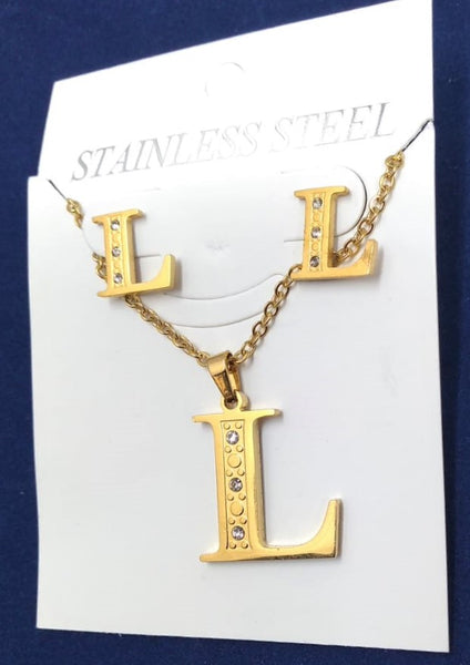 Bisutería Letra Set Cadena Dije Aretes Acero Inox Abecedario
