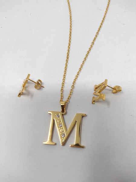 Bisutería Letra Set Cadena Dije Aretes Acero Inox Abecedario
