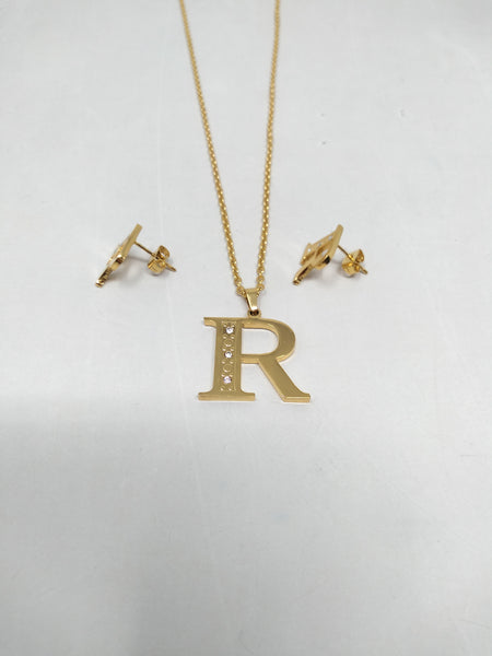 Bisutería Letra Set Cadena Dije Aretes Acero Inox Abecedario