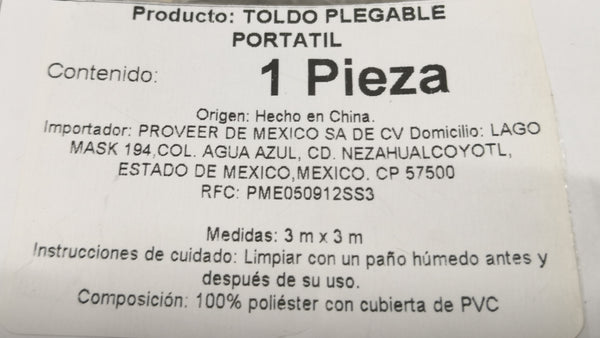 Toldo plegable portátil ultra ligero de acero 3X3M