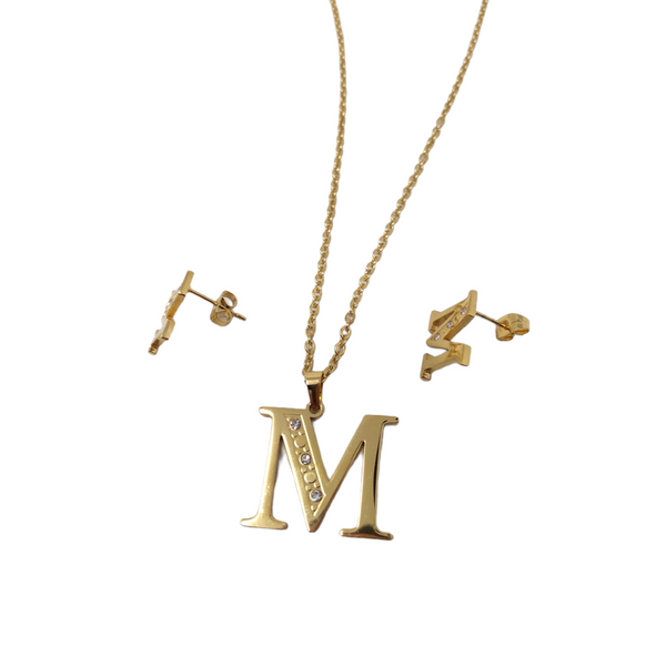 Bisutería Letra Set Cadena Dije Aretes Acero Inox Abecedario