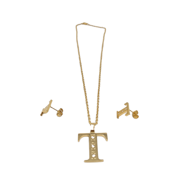 Bisutería Letra Set Cadena Dije Aretes Acero Inox Abecedario