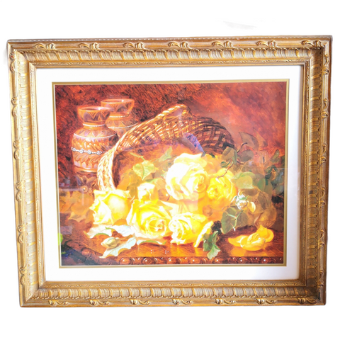 Cuadro Marco Madera Litografía Rosas Amarillas 108 X 93 Cm Coleccion
