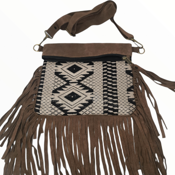 Bolso Dama artesanal flequillos café gamuza 25x28cm