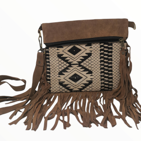 Bolso Dama artesanal flequillos café gamuza 25x28cm