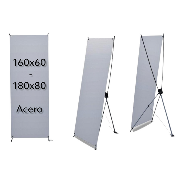 1.1 Tripie publicidad porta X banner ajustable 160x60 a 180x80 acero