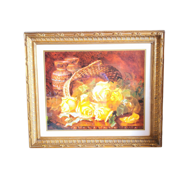 Cuadro Marco Madera Litografía Rosas Amarillas 108 X 93 Cm Coleccion