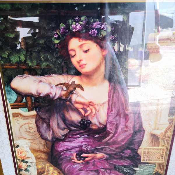 Cuadro Litografia Mujer Victoriana Con Gorrion Marco Rustico
