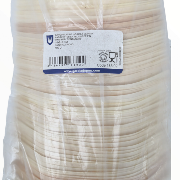 Barquillas Recipiente Hojuela de Pino 14x8x2cm pack 100pz