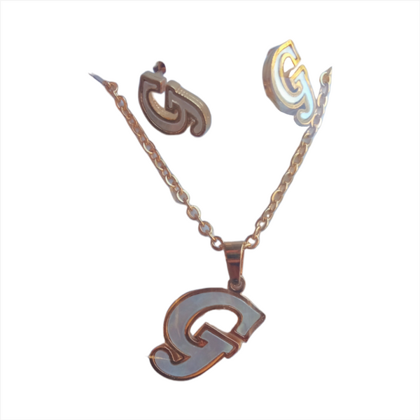 Letras Set Collar Dije Aretes Acero Inox Blanco Abecedario