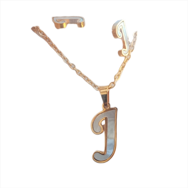 Letras Set Collar Dije Aretes Acero Inox Blanco Abecedario