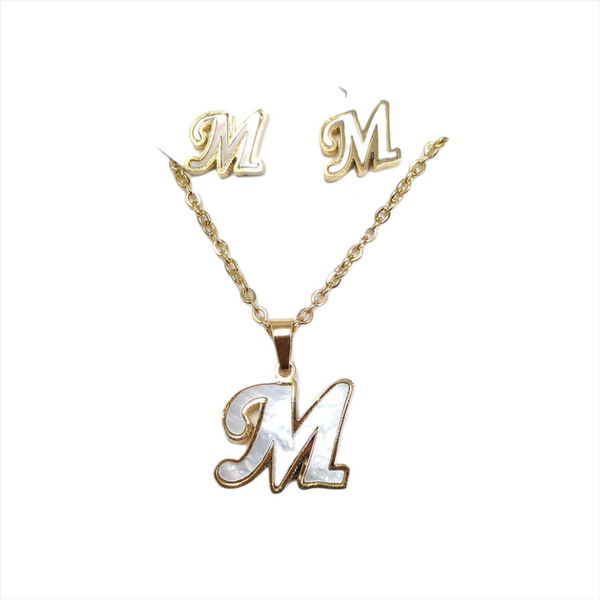 Letras Set Collar Dije Aretes Acero Inox Blanco Abecedario