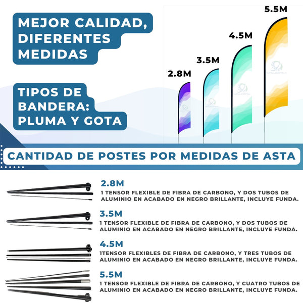 Asta de bandera 3.5m + base cruceta + pivote giratorio premium