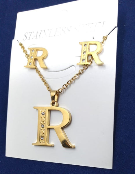 Bisutería Letra Set Cadena Dije Aretes Acero Inox Abecedario