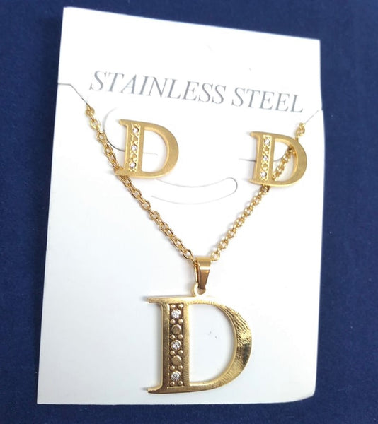 Bisutería Letra Set Cadena Dije Aretes Acero Inox Abecedario