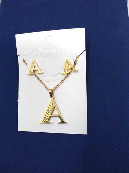 Bisutería Letra Set Cadena Dije Aretes Acero Inox Abecedario